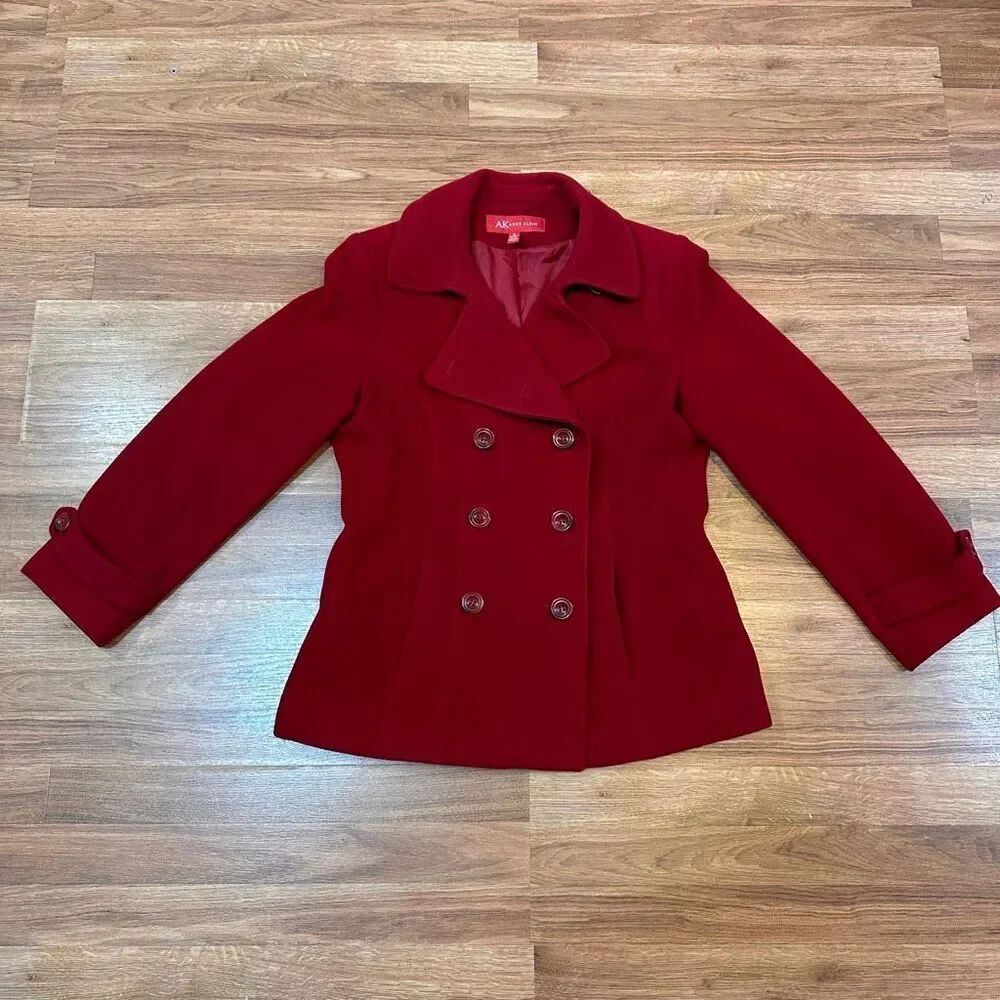 Anne Klein Wool-Lined Pea Coat Red Button-Up Jacket| Women Size Medium